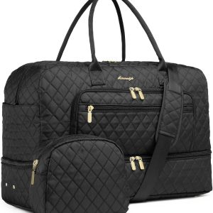 Large Women Travel Duffle Bag - Carry on Overnight Bag Weekend Travel Duffel Tote Bag Yoga Gym Bag with Wet Pocket Toiletry Weekender Overnight Bag for Travel Business Trips Sport Hospital Black