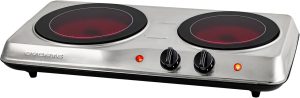 OVENTE Countertop Infrared Double Burner, 1700W Electric Hot Plate and Portable Stove with 7.75" and 6.75" Ceramic Glass Cooktop, 5 Level Temperature Setting and Easy to Clean Base, Silver BGI102S