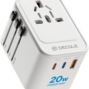 Universal Travel Adapter, International Travel Plug Adapter with 2 USB-C(PD 20W) ＆ 1 USB-A Ports, All in One Portable Adaptor, for USA, UK, EU, AU ＆ 224+ Countries (White) US